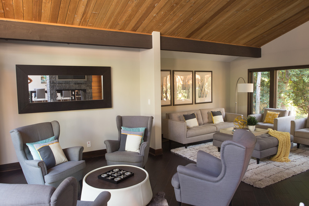 Design ideas for a retro living room in Orange County with grey walls and dark hardwood flooring.