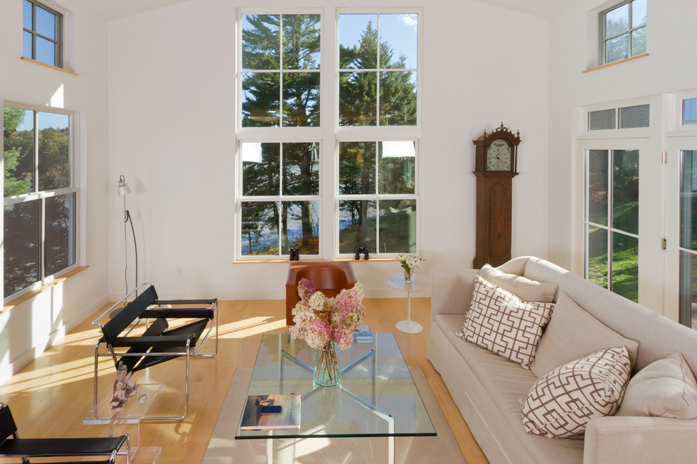 Trendy living room photo in Portland Maine