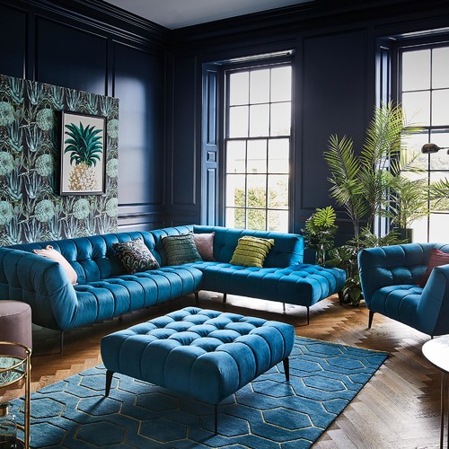 maximalist botanical print living room in blues