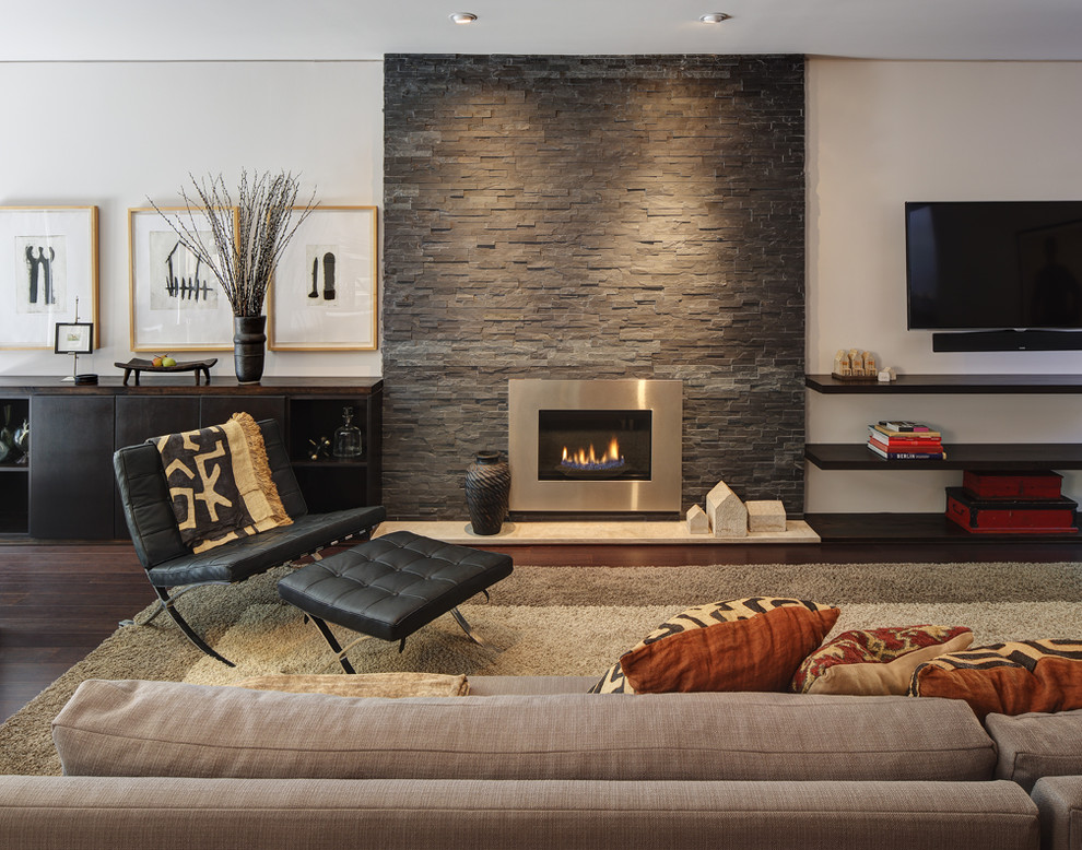 Источник вдохновения для домашнего уюта: гостиная комната в современном стиле с фасадом камина из металла и ковром на полу