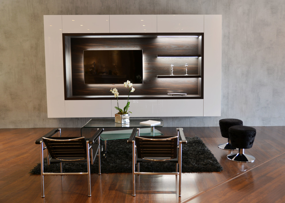 Photo of a medium sized modern living room in Miami with grey walls, dark hardwood flooring and no fireplace.