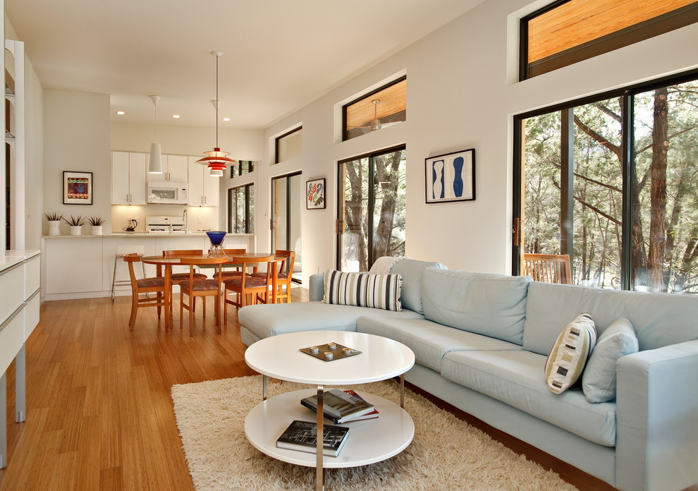 Example of a minimalist living room design in Austin with white walls