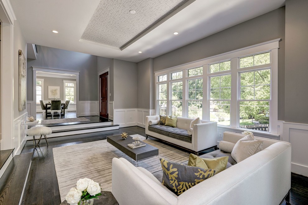 Inspiration for a large contemporary formal and enclosed dark wood floor and brown floor living room remodel in DC Metro with gray walls, no fireplace and no tv