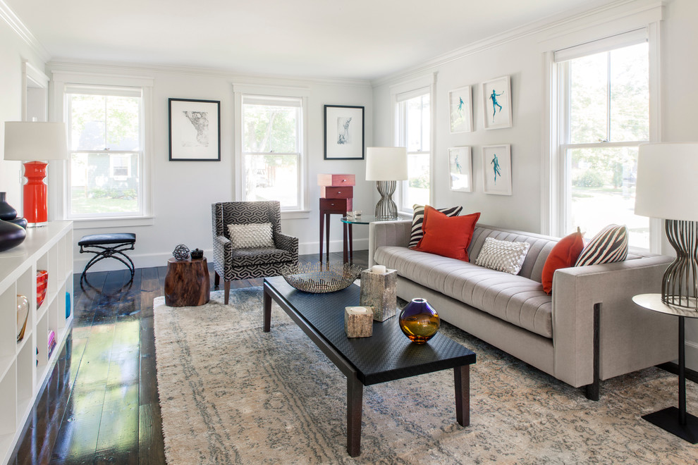 Photo of a modern formal living room in Boston with white walls.