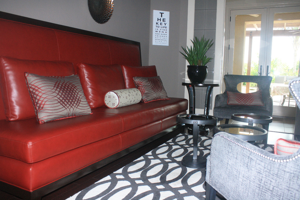 Medium sized contemporary enclosed living room in Houston with grey walls and slate flooring.