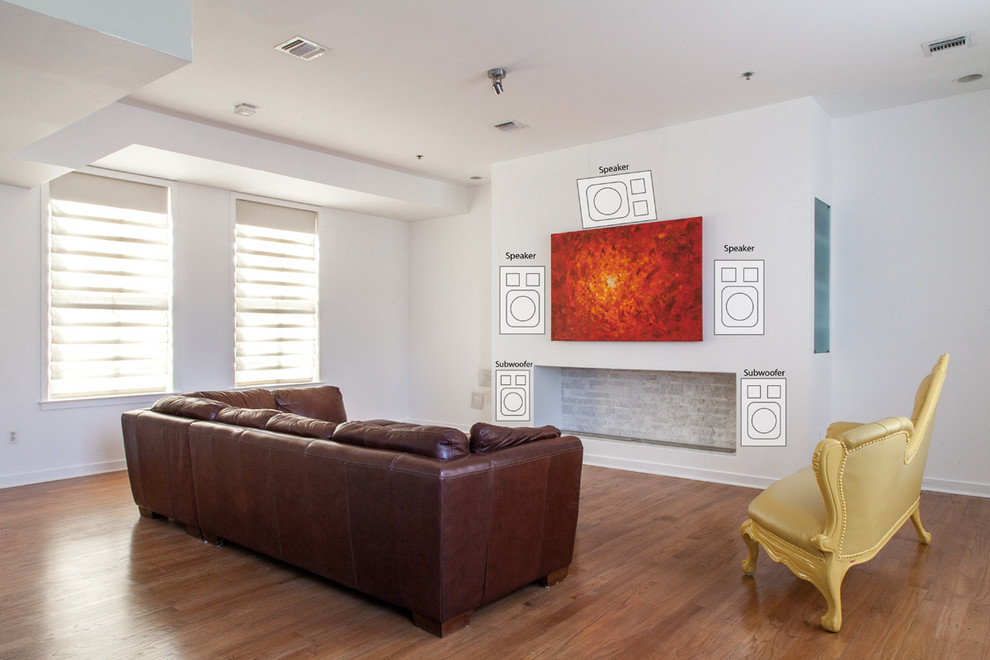 Photo of a medium sized modern formal open plan living room in New York with a standard fireplace, a built-in media unit, medium hardwood flooring, a brick fireplace surround and white walls.