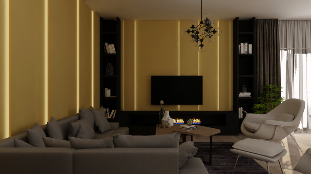 Modernes Wohnzimmer mit gelber Wandfarbe, hellem Holzboden, Kamin, Multimediawand und Wandpaneelen in Sonstige