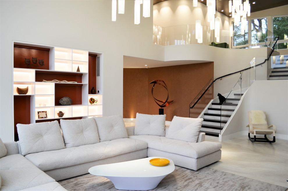 Foto di un grande soggiorno minimalista aperto con sala formale, pavimento in gres porcellanato, camino bifacciale e cornice del camino in pietra