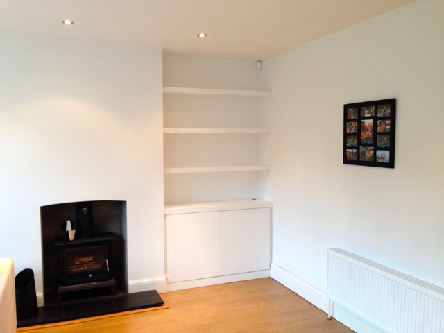 Minimalist White Alcove Cupboard and Floating Shelves - Contemporary ...