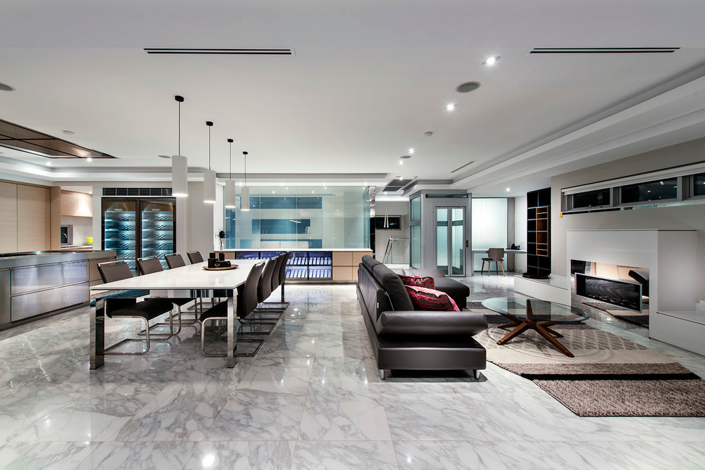 Photo of a large contemporary open plan living room in Perth with marble flooring, a ribbon fireplace and white walls.