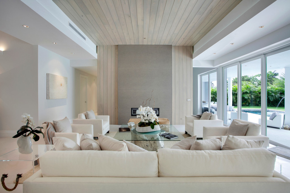 Large transitional formal living room photo in Los Angeles with a ribbon fireplace and no tv