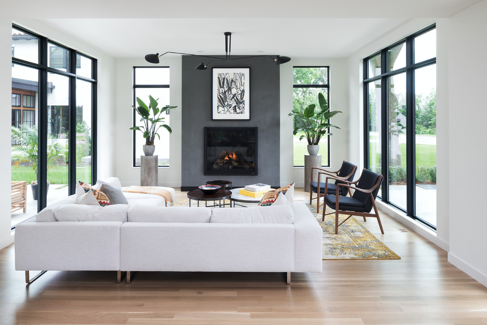 Repräsentatives, Abgetrenntes Modernes Wohnzimmer mit weißer Wandfarbe, hellem Holzboden, Kamin und beigem Boden in Minneapolis