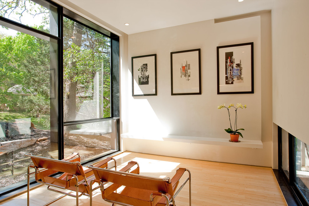 Источник вдохновения для домашнего уюта: парадная, изолированная гостиная комната в стиле модернизм с бежевыми стенами и светлым паркетным полом