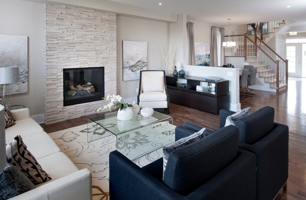 Mid-sized transitional formal and open concept dark wood floor living room photo in Ottawa with beige walls, a standard fireplace, a stone fireplace and no tv