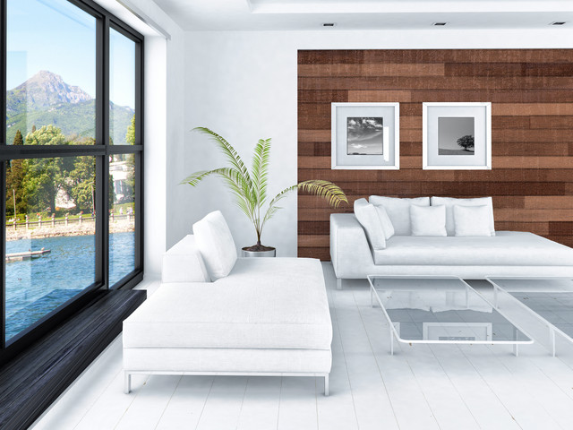 Modern Asian Inspired Living Room With Rustic Barn Wood Accent Wall Asiatisch Wohnbereich Los Angeles Von El Products Corp Houzz - Barnwood Accent Wall Living Room