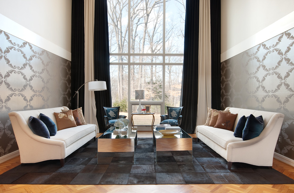 Example of a large eclectic formal and open concept medium tone wood floor living room design in Baltimore with multicolored walls, no fireplace and no tv