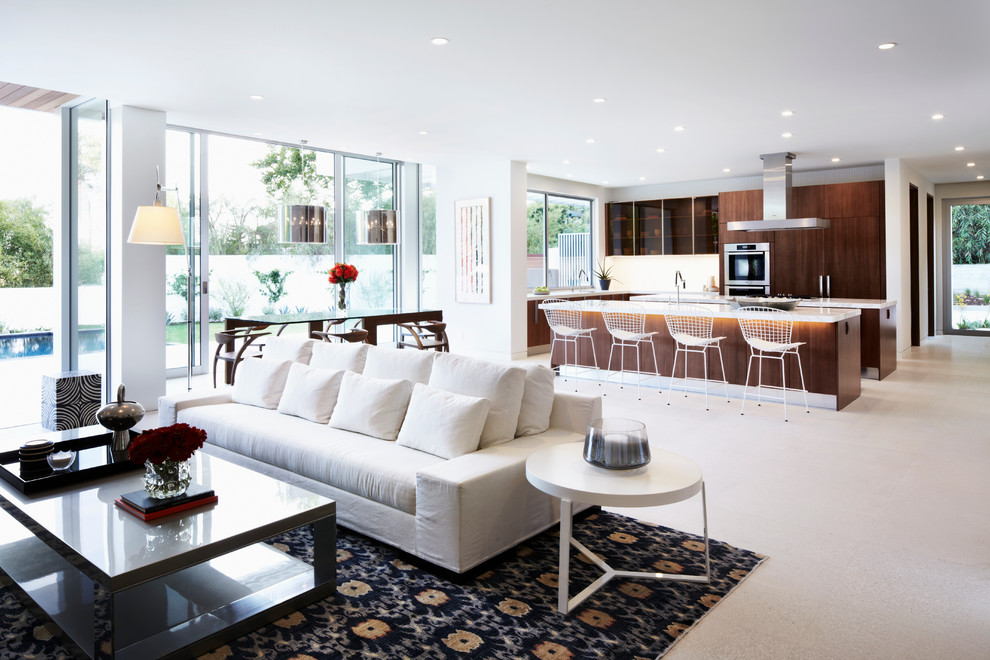 Immagine di un grande soggiorno minimalista aperto con pareti bianche e pavimento con piastrelle in ceramica