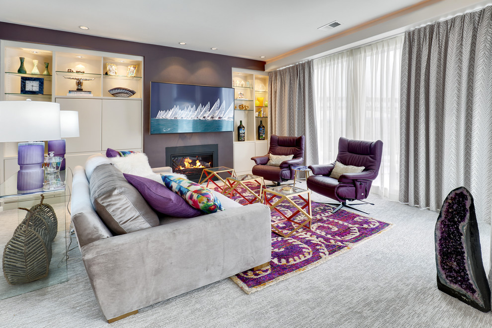 Inspiration for a mid-sized transitional formal and enclosed carpeted and gray floor living room remodel in Orange County with purple walls, a standard fireplace, a metal fireplace and a wall-mounted tv