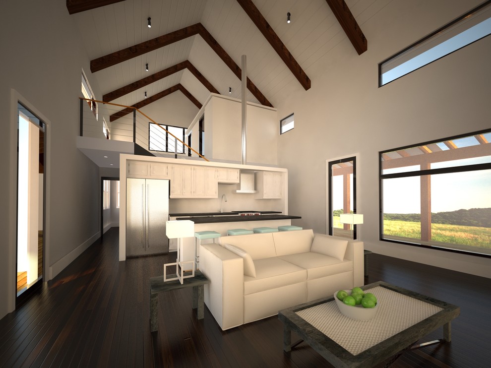 Imagen de salón tipo loft moderno pequeño con paredes blancas, suelo de madera oscura y pared multimedia