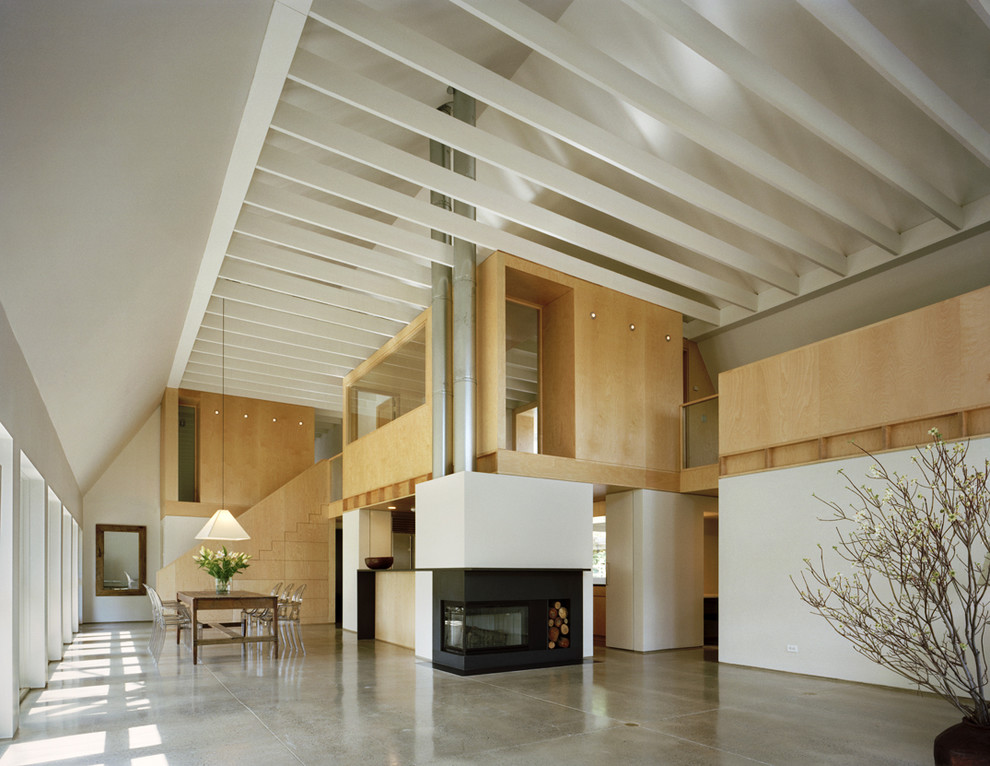 Свежая идея для дизайна: огромная гостиная комната в современном стиле с бетонным полом без телевизора - отличное фото интерьера