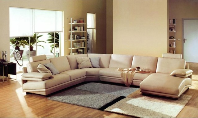 Modern Beige Bonded Leather U Shape, Modern Beige Leather Sectional Sofa