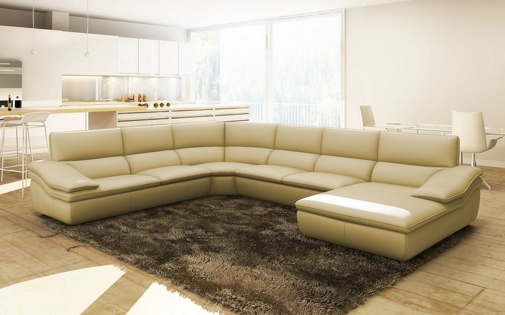 Modern Beige Italian Leather Sectional Sofa with Chaise - Modern ...