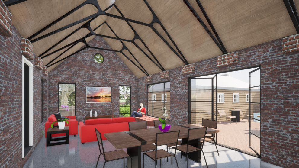 Mittelgroßes, Offenes Modernes Wohnzimmer mit roter Wandfarbe, Betonboden, grauem Boden, gewölbter Decke und Ziegelwänden in Sonstige