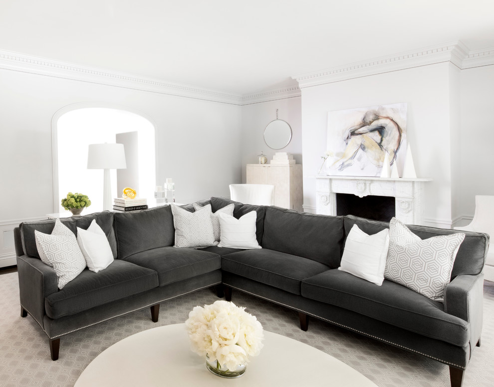 Large transitional formal and enclosed living room photo in San Francisco with white walls, a standard fireplace and a stone fireplace