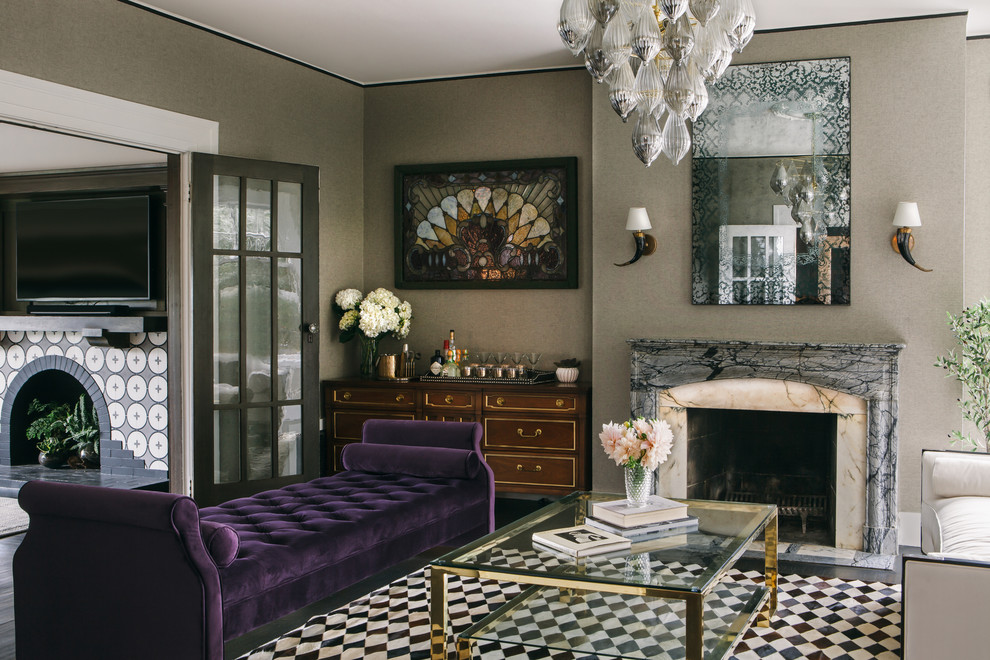 Photo of a medium sized classic formal and grey and purple enclosed living room in San Francisco with grey walls, a standard fireplace, a stone fireplace surround and no tv.