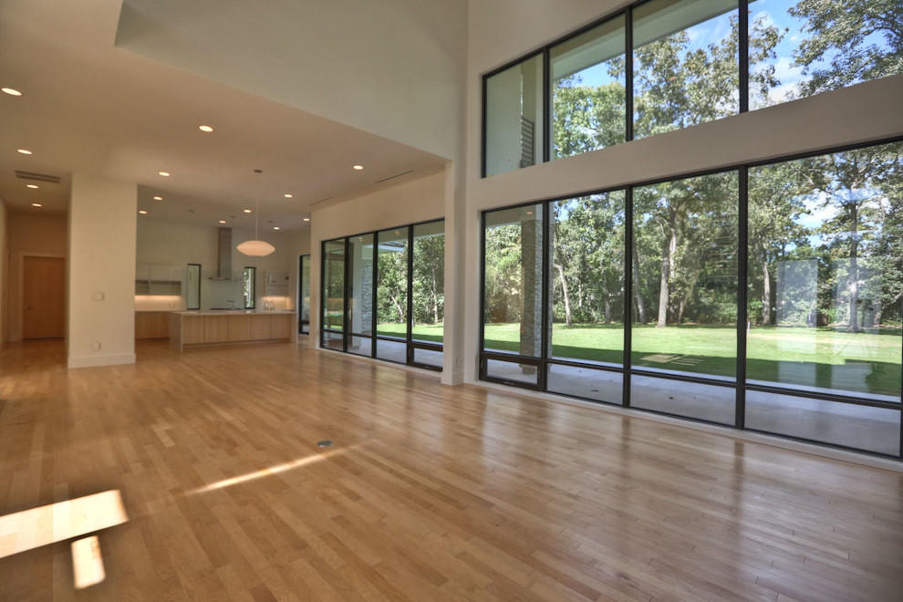 Offenes Modernes Wohnzimmer mit hellem Holzboden in Houston