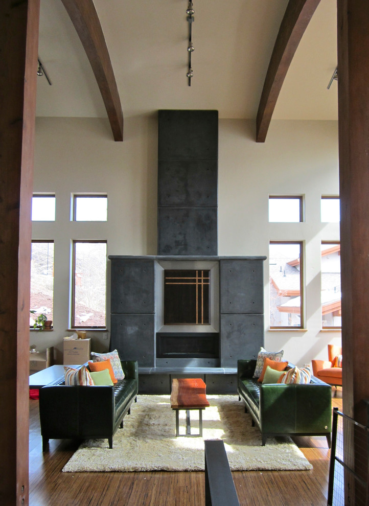 Großes, Repräsentatives, Fernseherloses, Abgetrenntes Modernes Wohnzimmer mit weißer Wandfarbe, dunklem Holzboden, Kamin und Kaminumrandung aus Beton in Salt Lake City