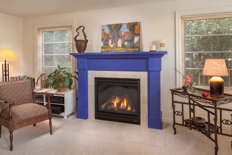 Mid-sized arts and crafts enclosed carpeted and white floor living room photo in Portland with white walls, a standard fireplace and a tile fireplace