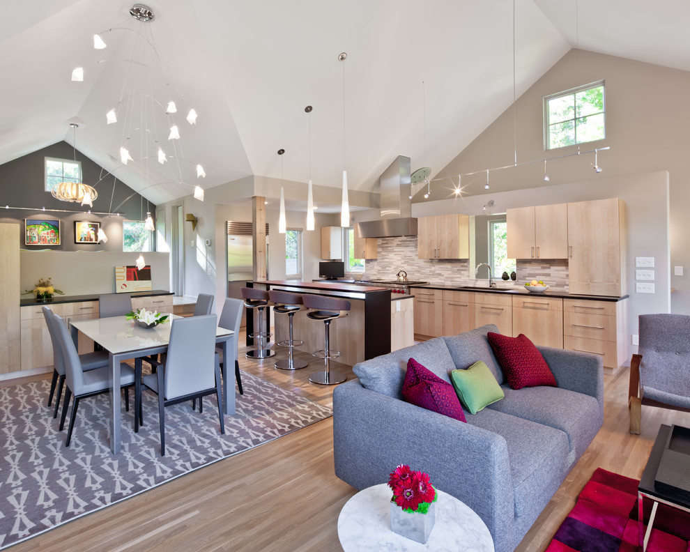 Example of a mid-sized trendy formal and open concept medium tone wood floor and beige floor living room design in Minneapolis with gray walls, a ribbon fireplace, a tile fireplace and no tv