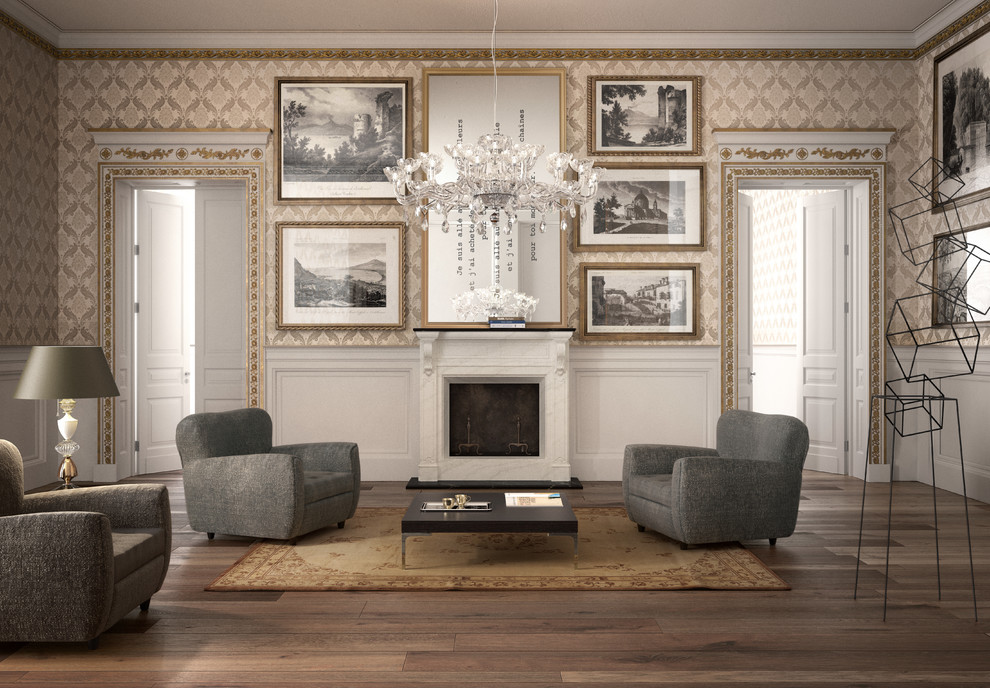 Immagine di un grande soggiorno moderno chiuso con sala formale, pareti beige, pavimento in legno massello medio, camino classico, nessuna TV e pavimento marrone