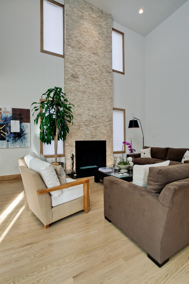 Photo of a contemporary living room in Dallas with a stone fireplace surround.