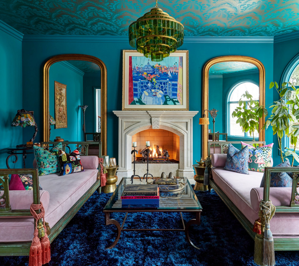 Living room - large victorian formal and enclosed living room idea in Chicago with blue walls, a standard fireplace and no tv