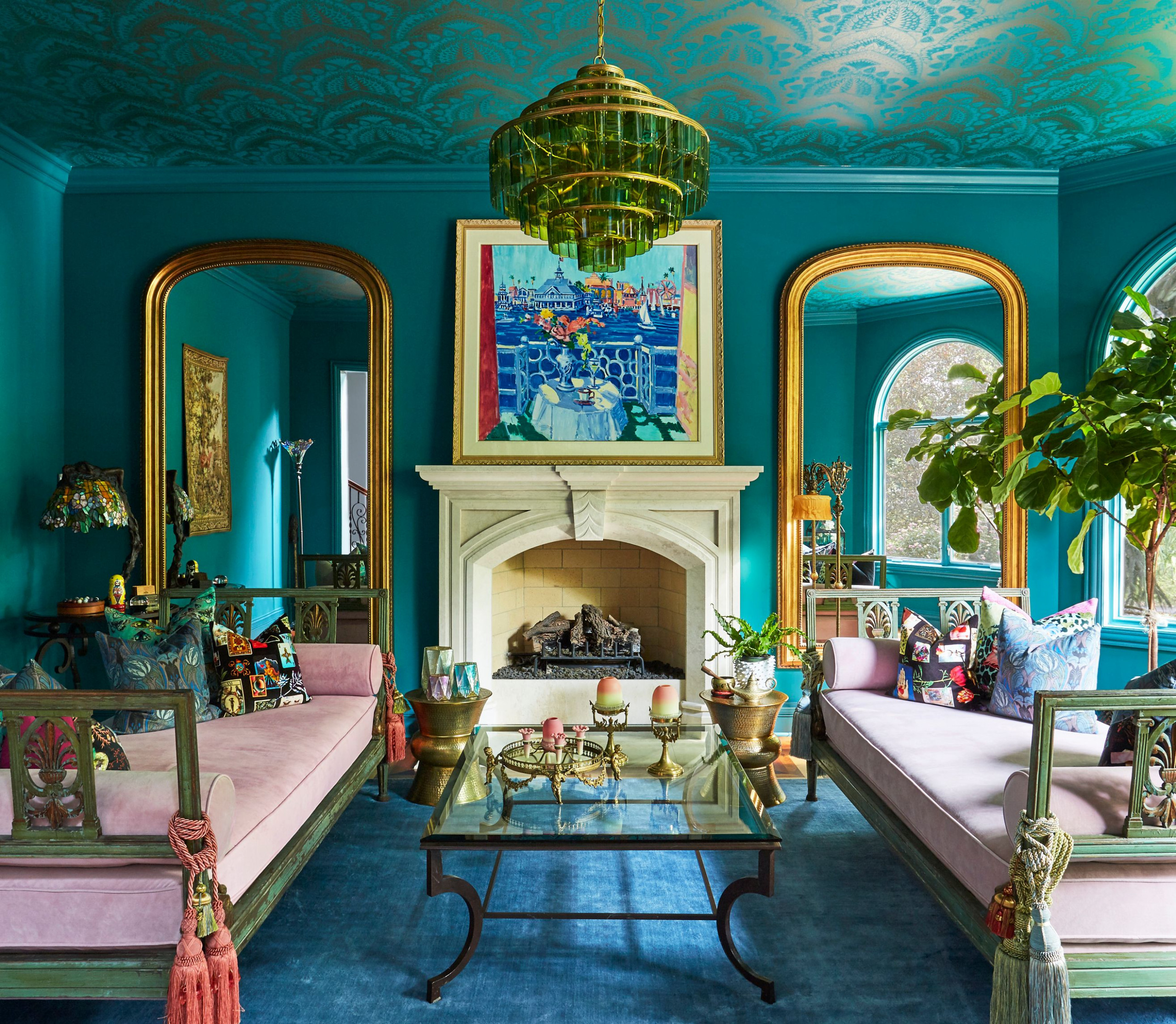 Turquoise and gold living room