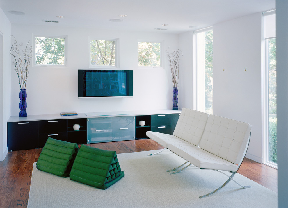 Inspiration for a modern living room remodel in DC Metro with white walls and a wall-mounted tv
