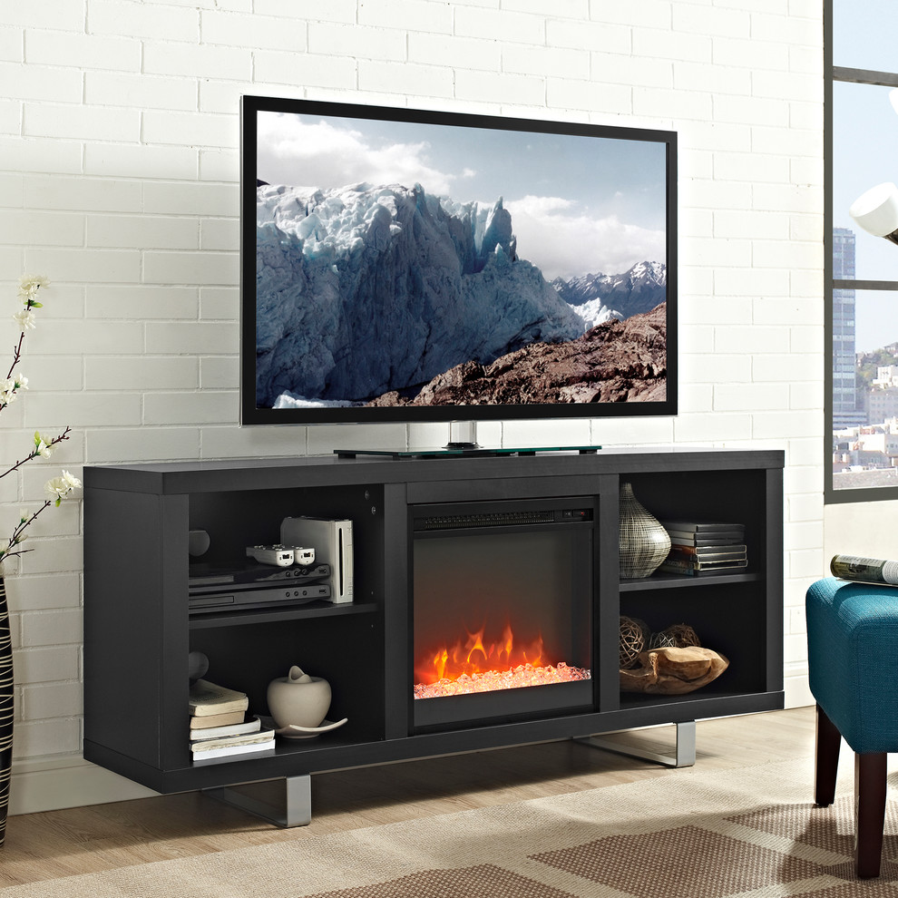 Foto de salón minimalista con todas las chimeneas, marco de chimenea de madera y televisor independiente