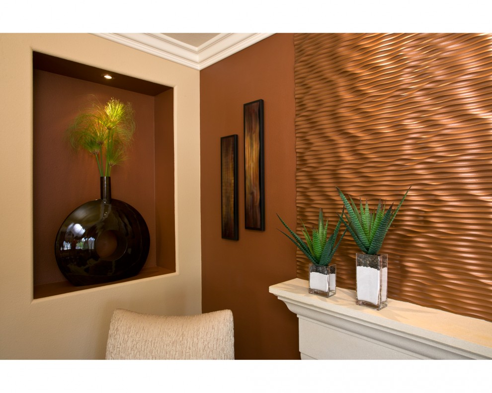 Inspiration pour un salon design avec un mur marron.