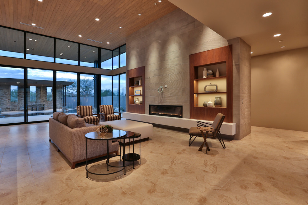 Living room - large contemporary formal and open concept marble floor living room idea in Phoenix with gray walls, a ribbon fireplace, a tile fireplace and a media wall