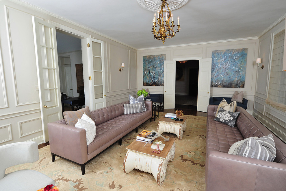 This is an example of a large modern formal enclosed living room in DC Metro with no tv, beige walls, medium hardwood flooring, a standard fireplace and a stone fireplace surround.