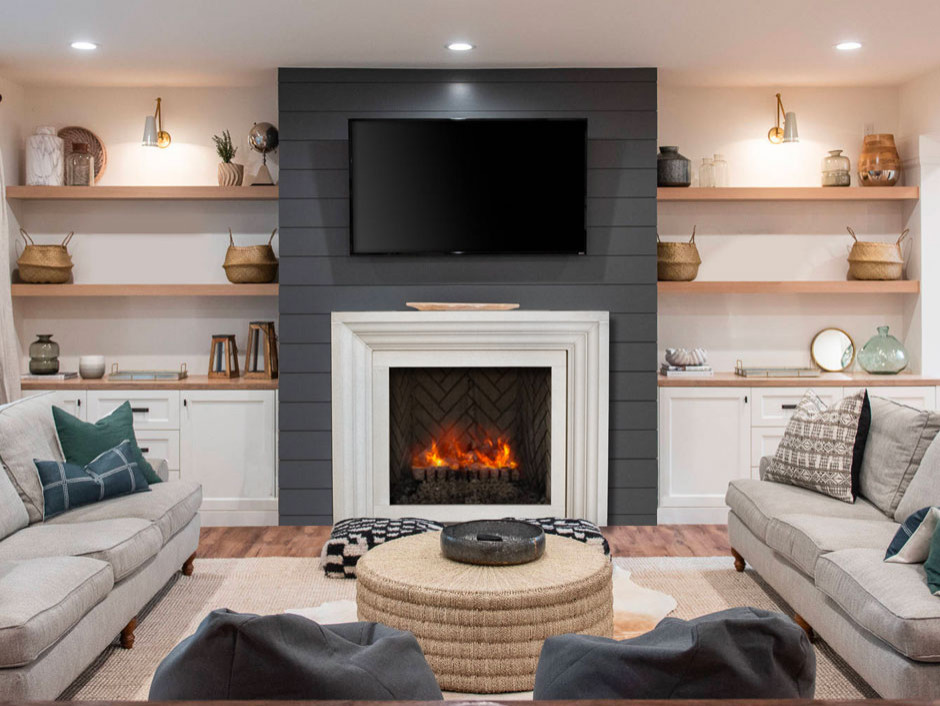 Example of a mid-sized open concept dark wood floor, brown floor and shiplap wall living room design in Oklahoma City with white walls, a concrete fireplace and a standard fireplace