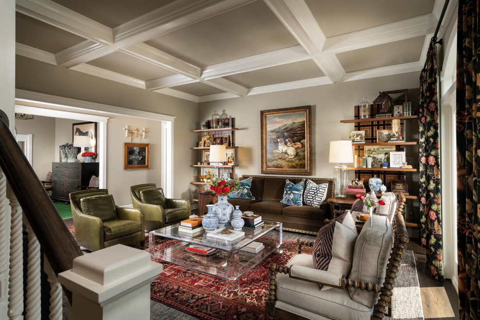 Inspiration for a large timeless formal and enclosed coffered ceiling living room remodel in Other