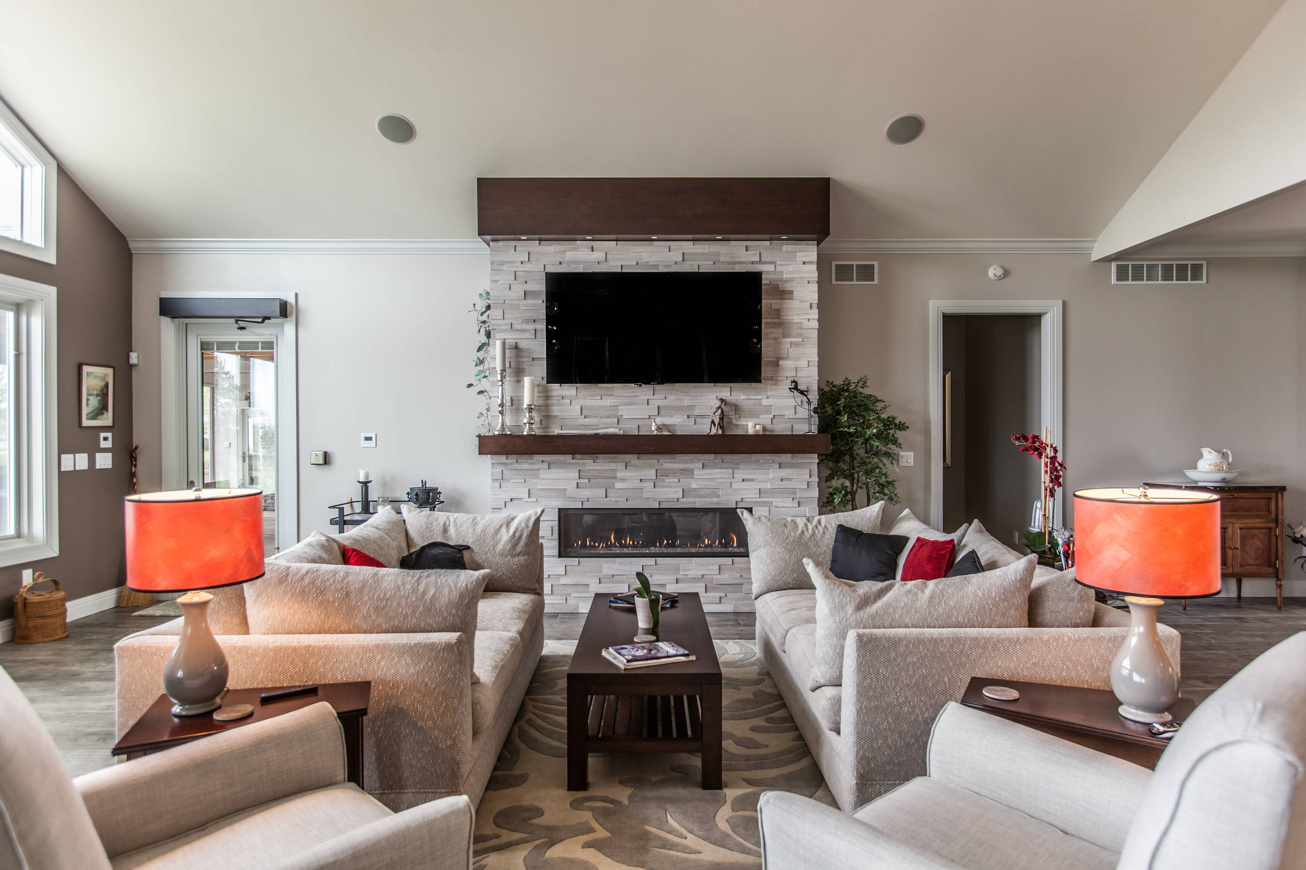 modern family room fireplace