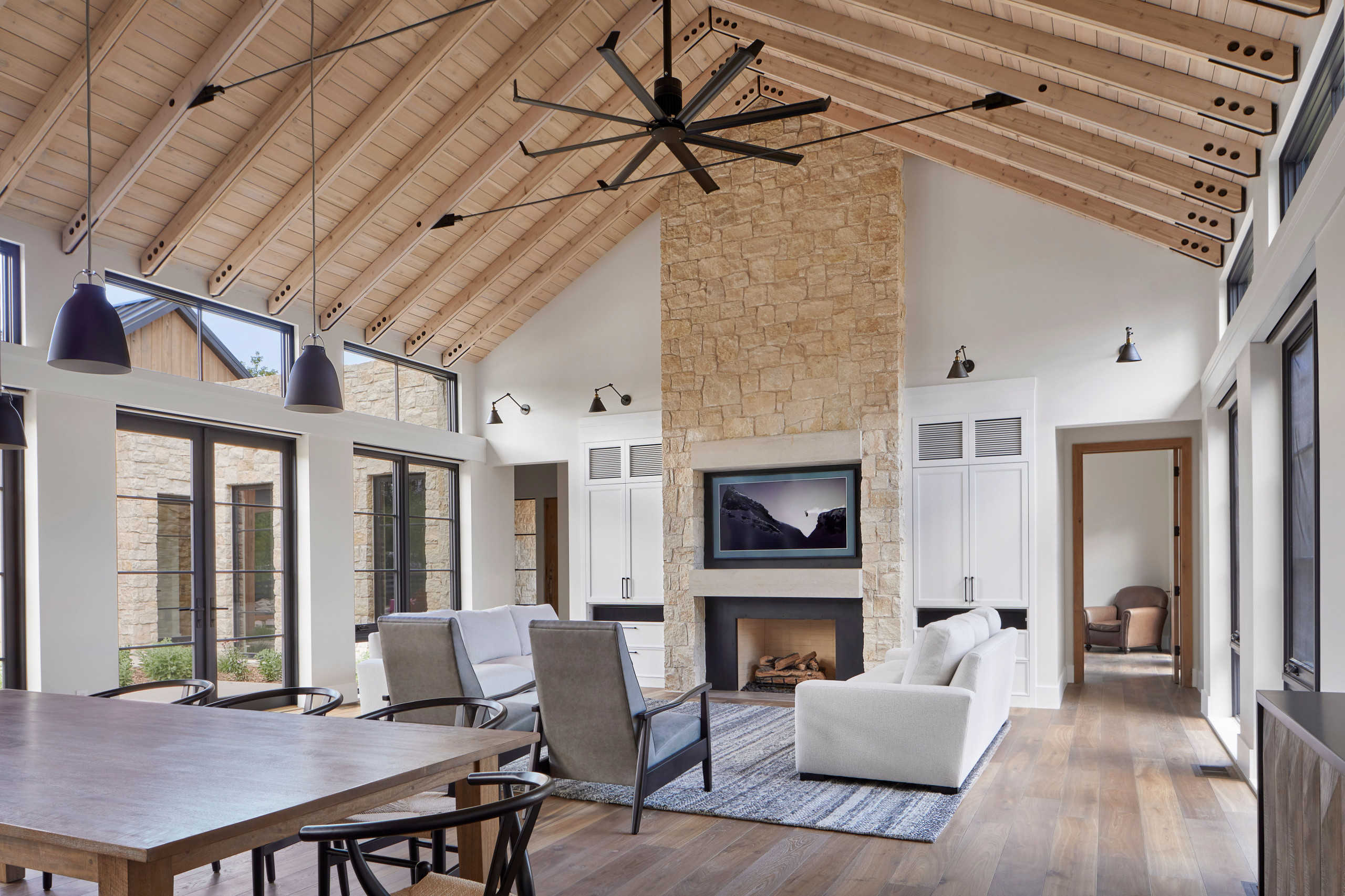 Vaulted Ceiling Living And Dining Room With Fireplace