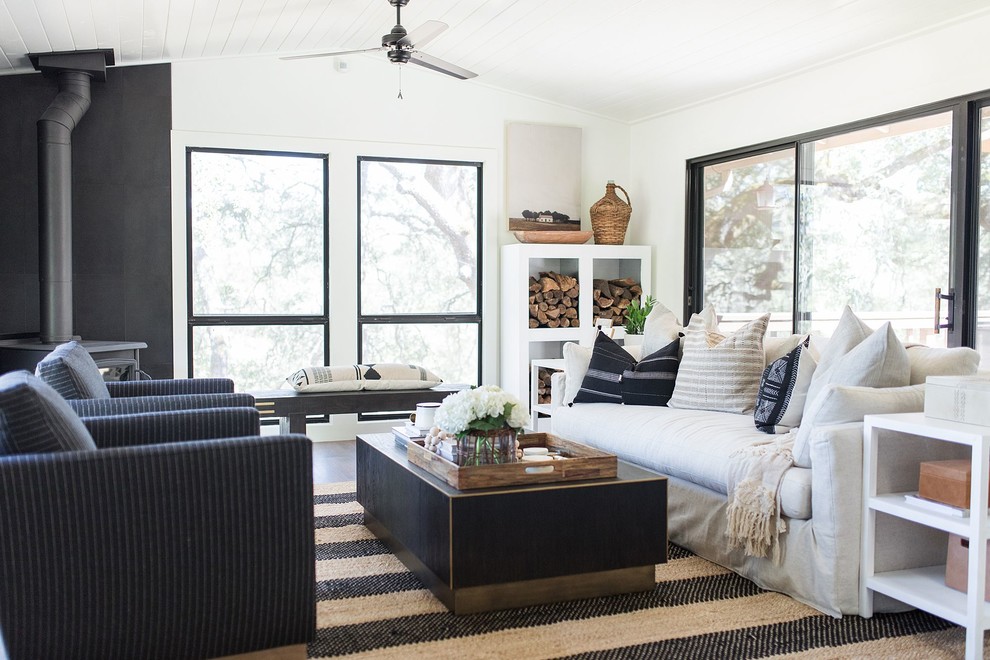 Foto di un soggiorno country con pareti bianche, parquet scuro, stufa a legna e pavimento marrone