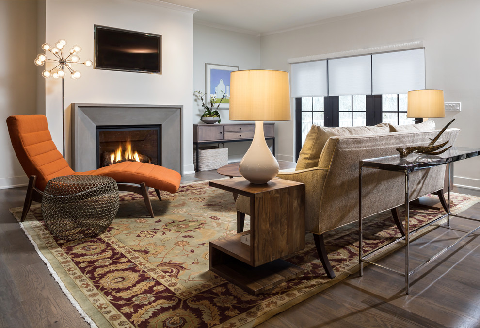 Living room - large transitional open concept and formal medium tone wood floor and brown floor living room idea in Milwaukee with a concrete fireplace, a concealed tv, white walls and a standard fireplace