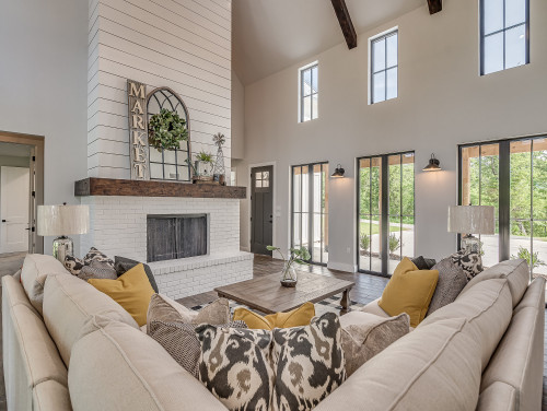 modern living room with brick fireplace