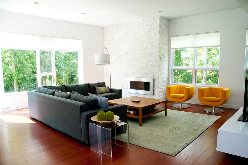 Photo of a contemporary living room in Other with a stone fireplace surround.